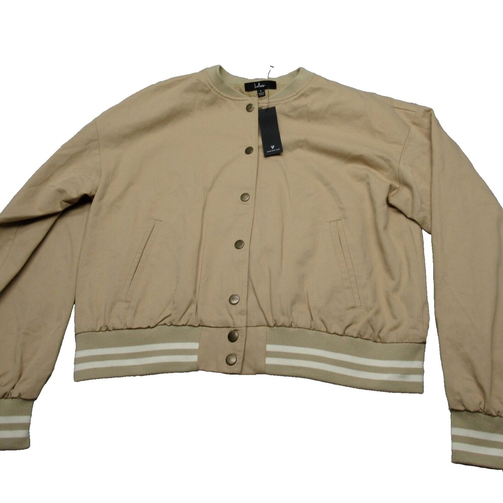 Lulus Jacket Women Large Tan Cotton Lined Collared Snap Front Bomber NEW